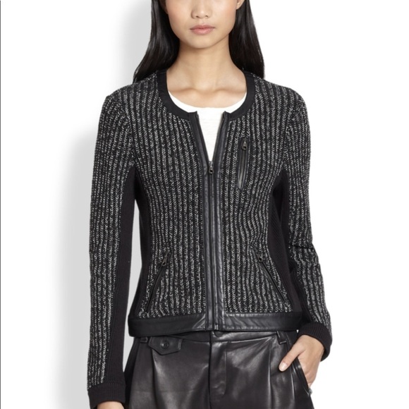 Rag & Bone Paula Knit Jacket Black Leather Trim - Picture 2 of 16